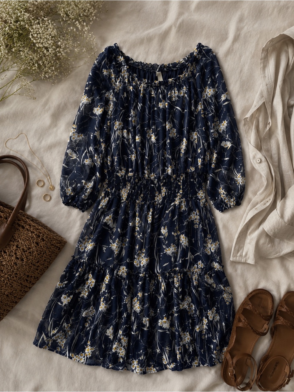 Women’s Navy Floral Off-Shoulder Tiered Dress